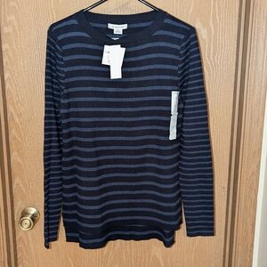 Liz Claiborne High-Low Crew Neck Navy Blue Striped Sweater XL